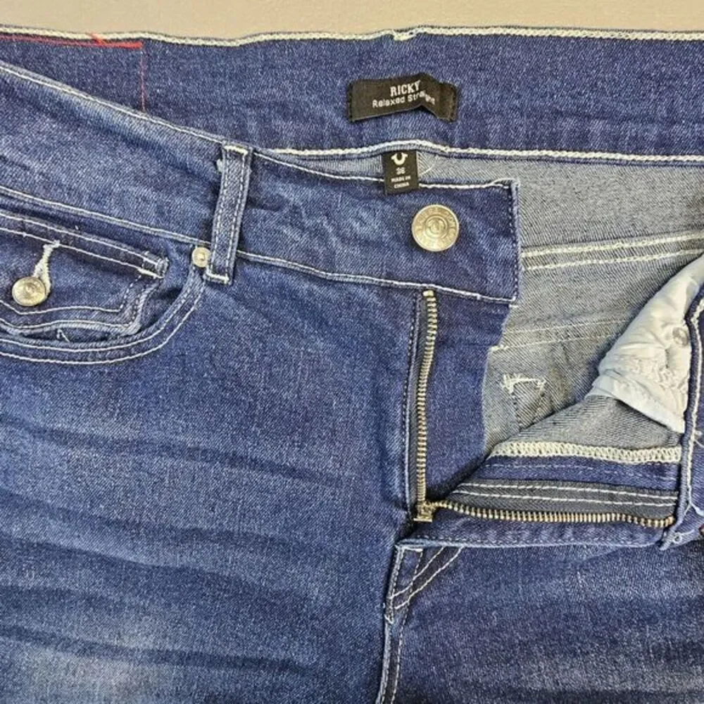 NWT True Religion Ricky Flap SN Men Blue Denim Jeans Size 36x34 Relaxed Straight